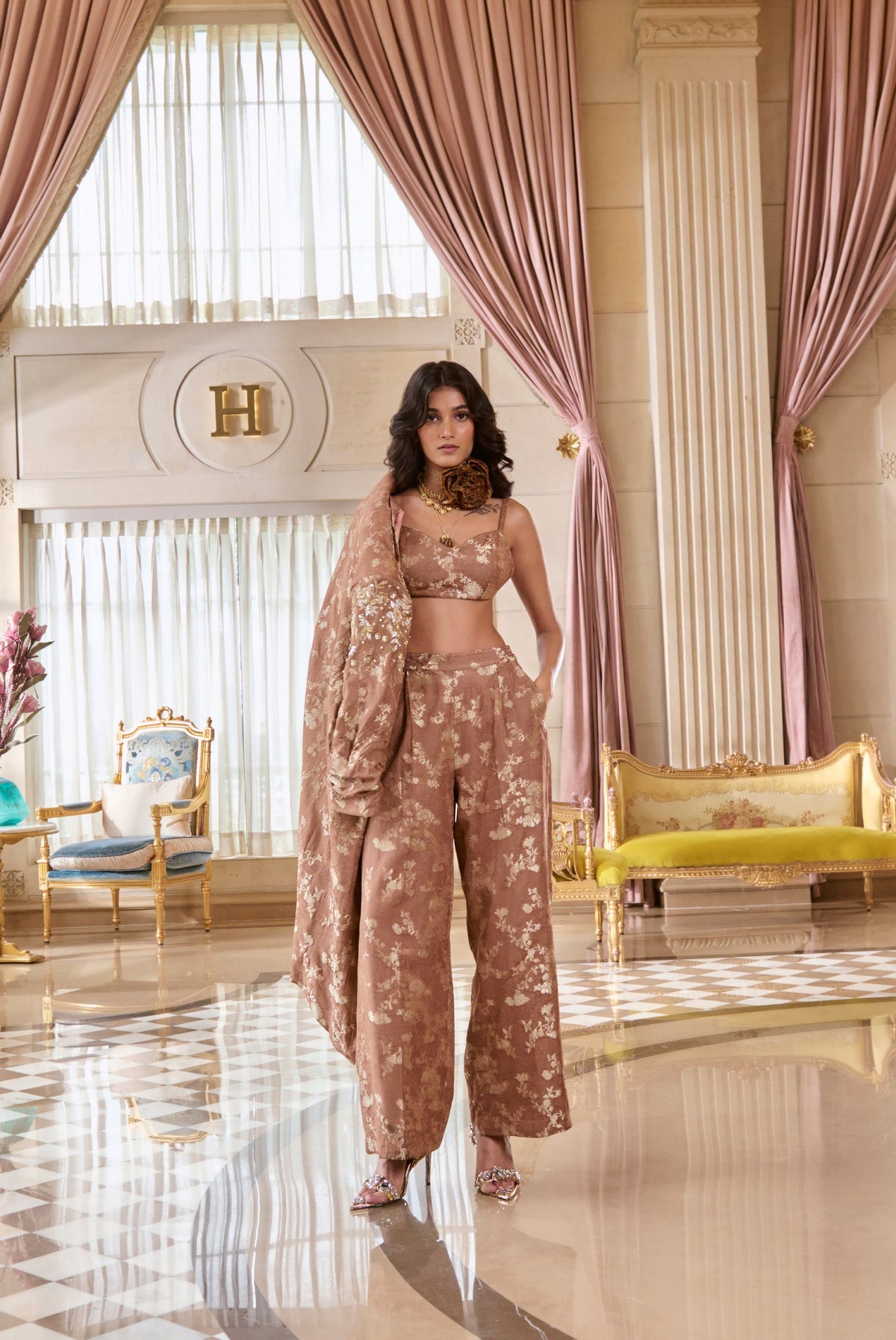 mocha brown jacquard blazer set, image 4