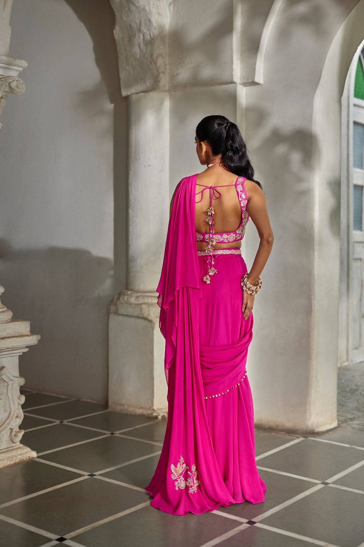 bright pink georgette pre-draped saree set, image 4