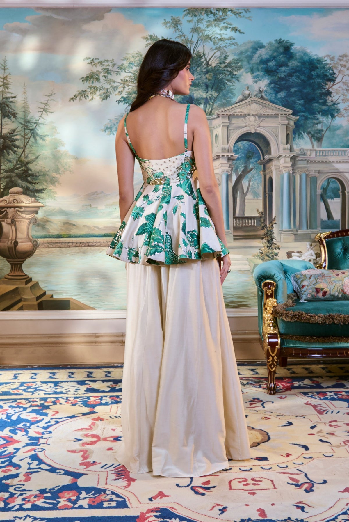 ivory and green floral peplum and palazzo set, image 4