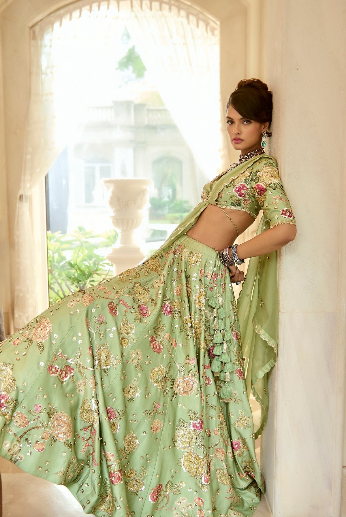 sage green floral lehenga set, image 4