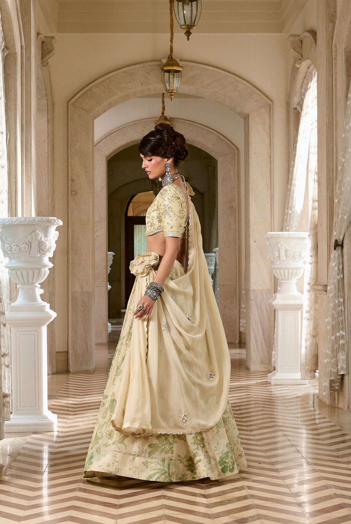 ivory and green organza lehenga set, image 4