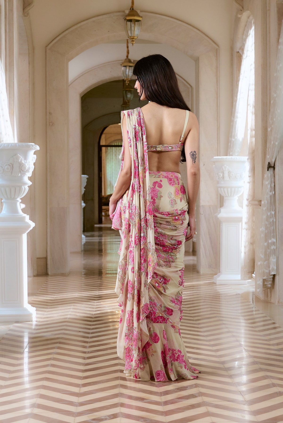 ivory floral pre-draped saree set, image 4