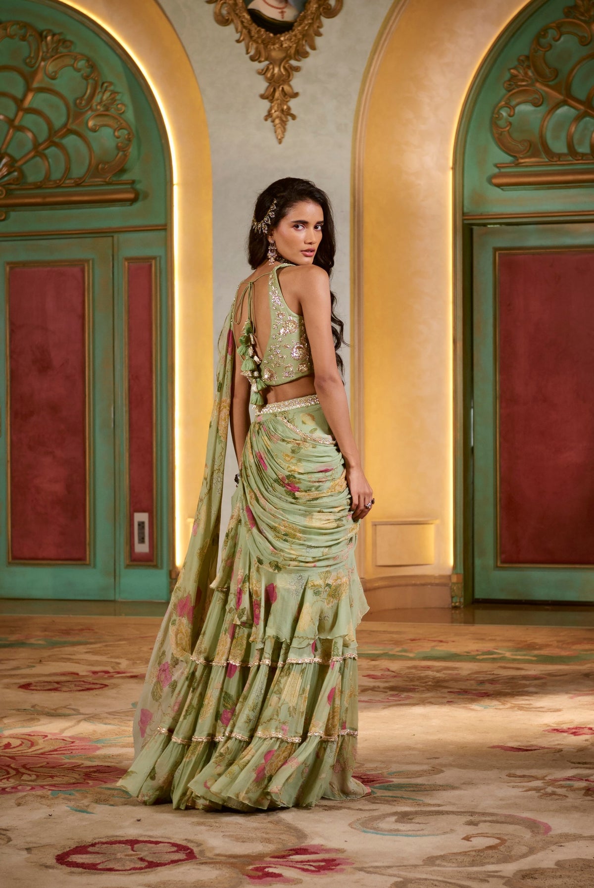 sage green chiffon ruffle saree set, image 4