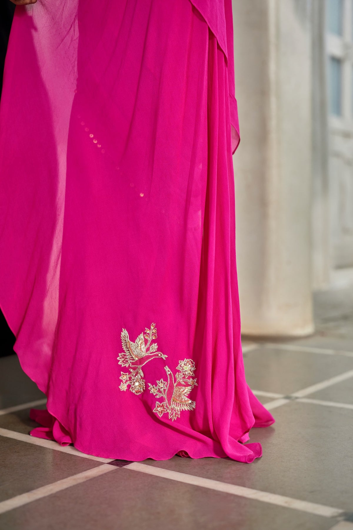bright pink georgette pre-draped saree set, image 5