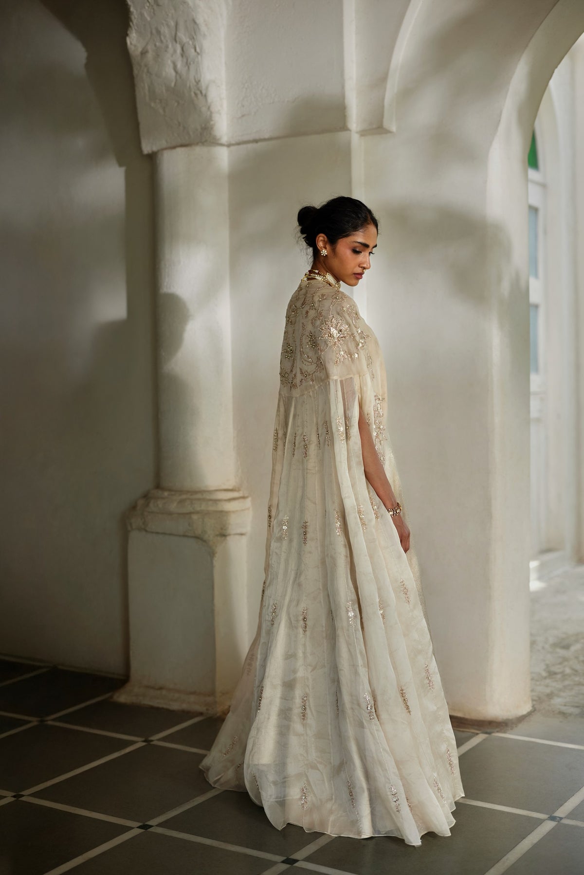 ivory jamavar anarkali and organza cape set, image 5