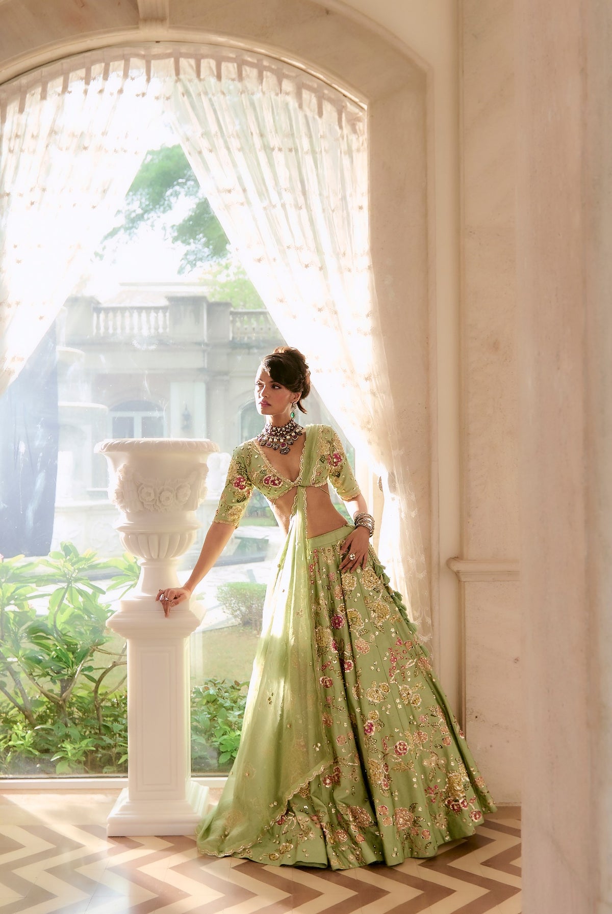 sage green floral lehenga set, image 5