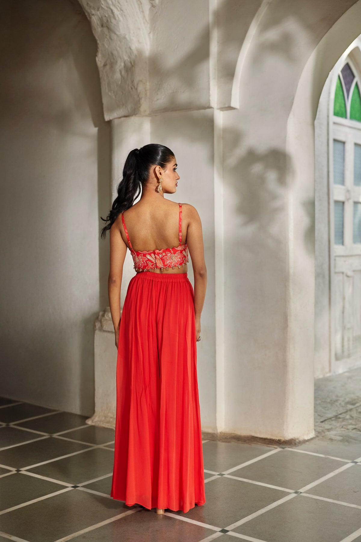 sunset red printed jacket, crop top and palazzo set, image 5