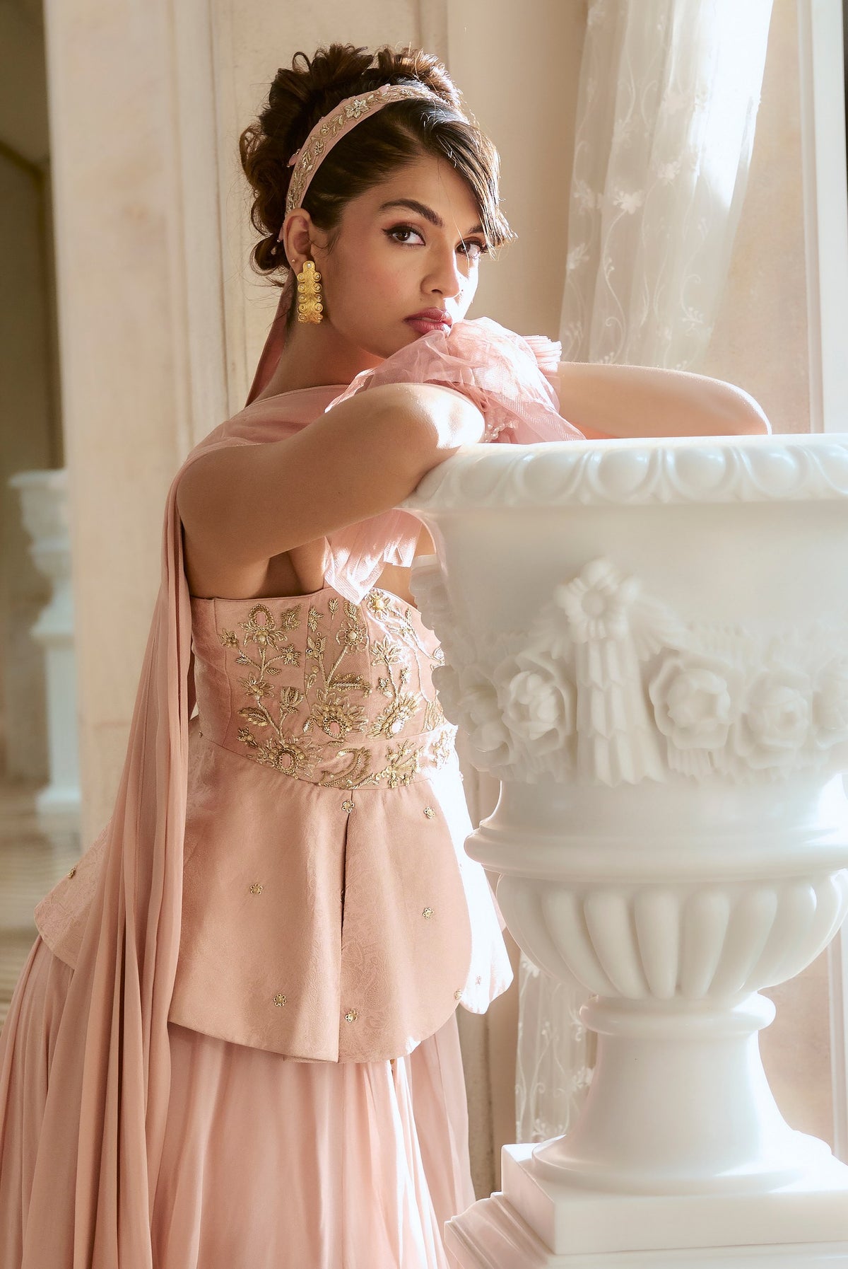 flamingo pink jacquard peplum saree set, image 6
