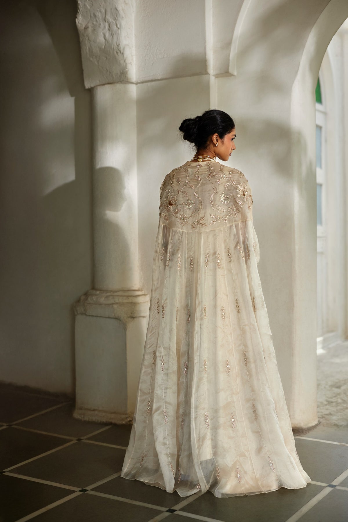 ivory jamavar anarkali and organza cape set, image 6