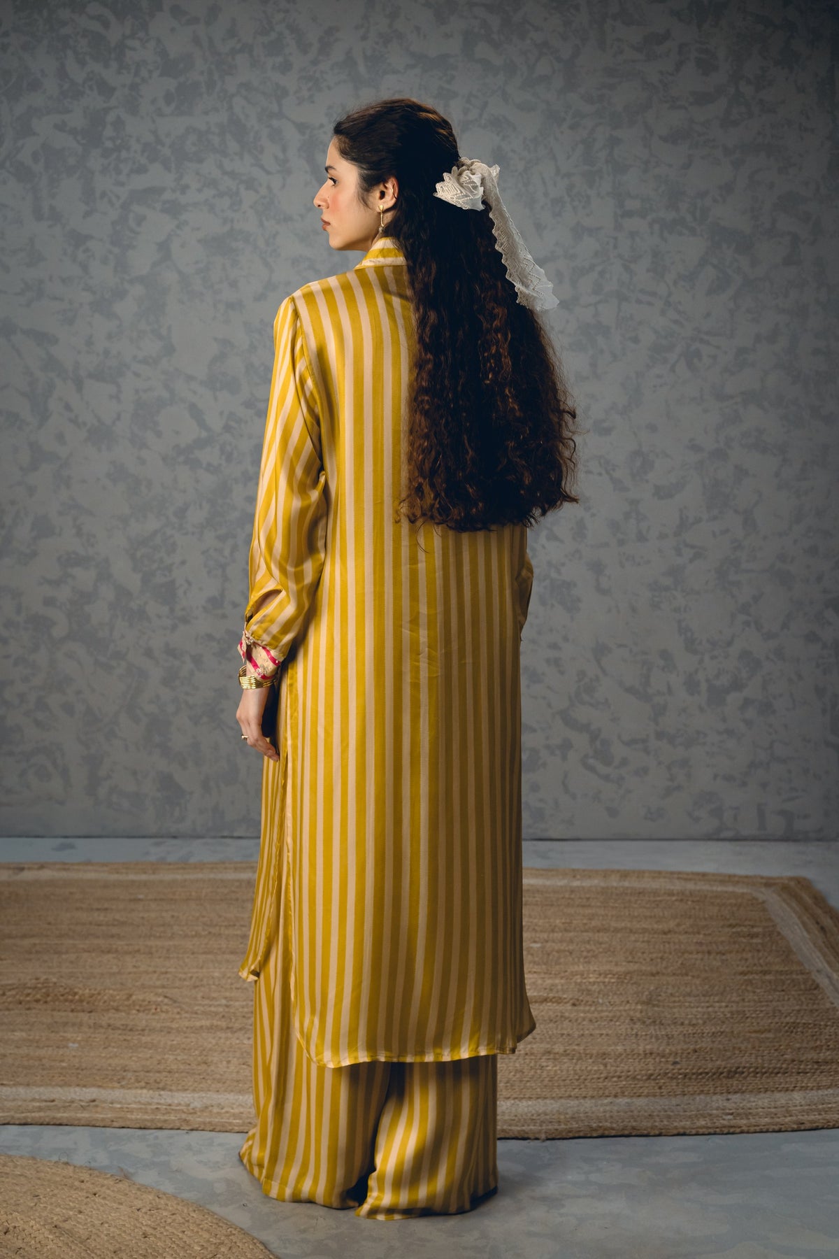 lacey kurta set in mustard, image 6