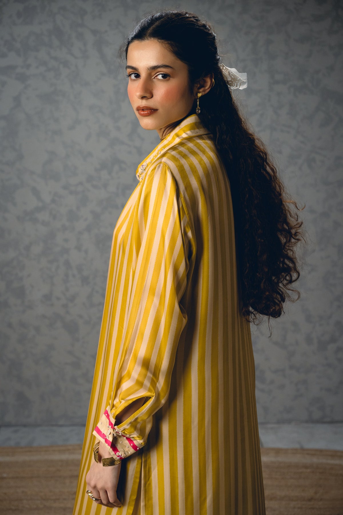 lacey kurta set in mustard, image 7