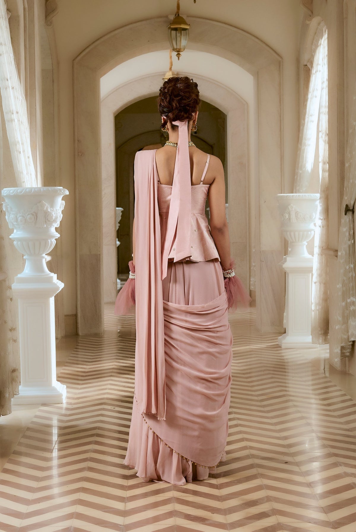 flamingo pink jacquard peplum saree set, image 7
