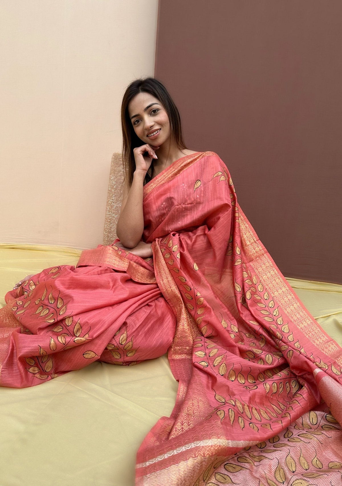 gold leaves peach silk saree, image 8