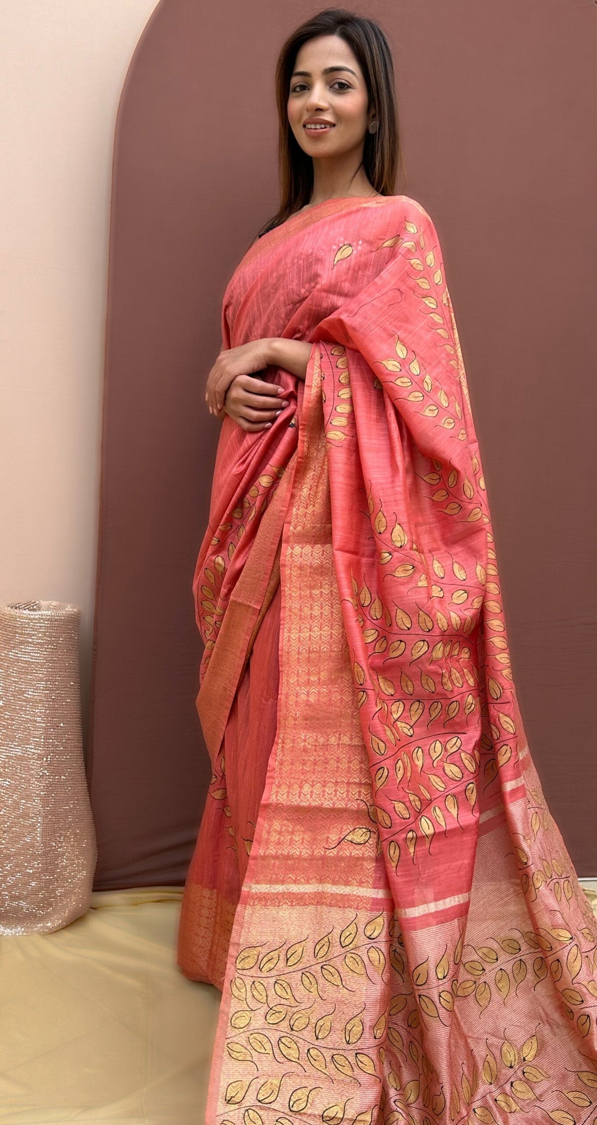 gold leaves peach silk saree, image 4