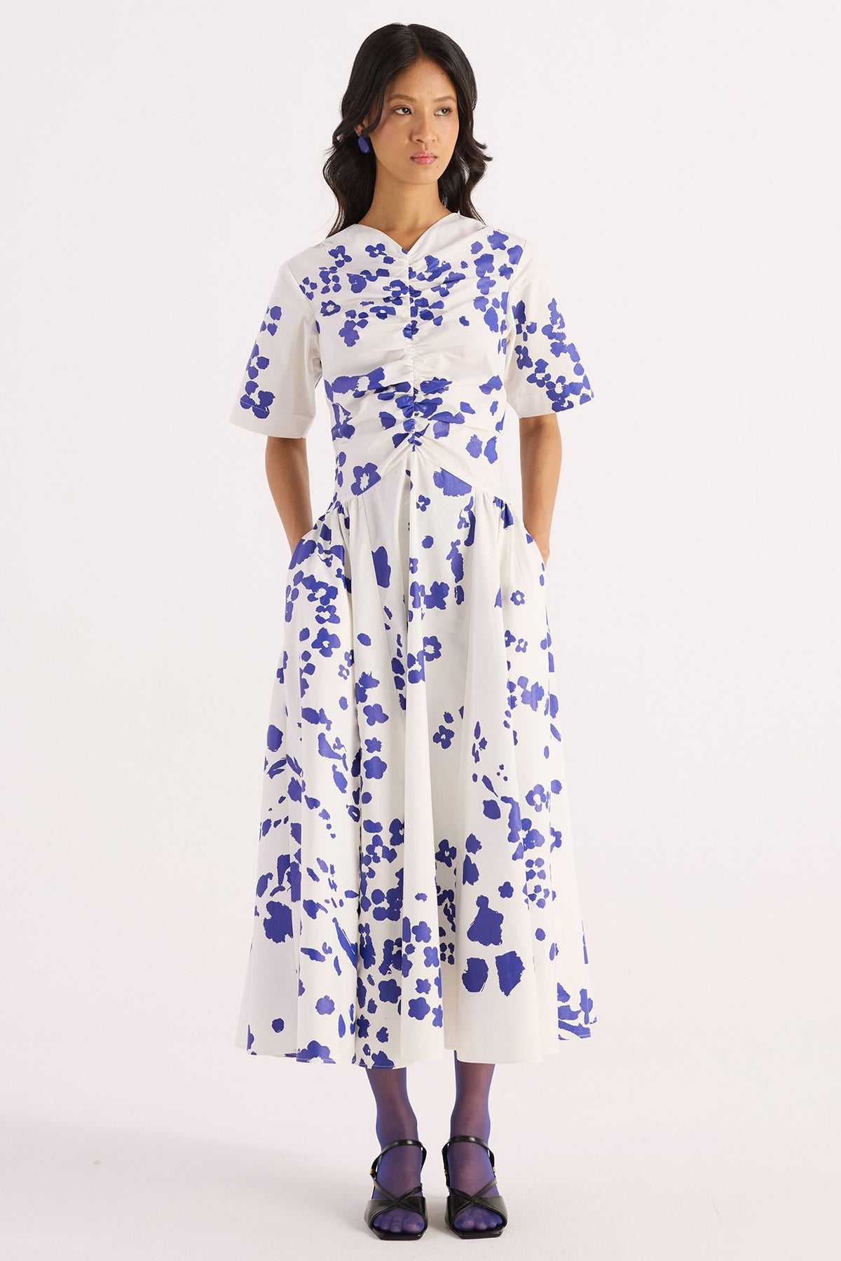 ivory gathered v-neck screen print dress — image 1