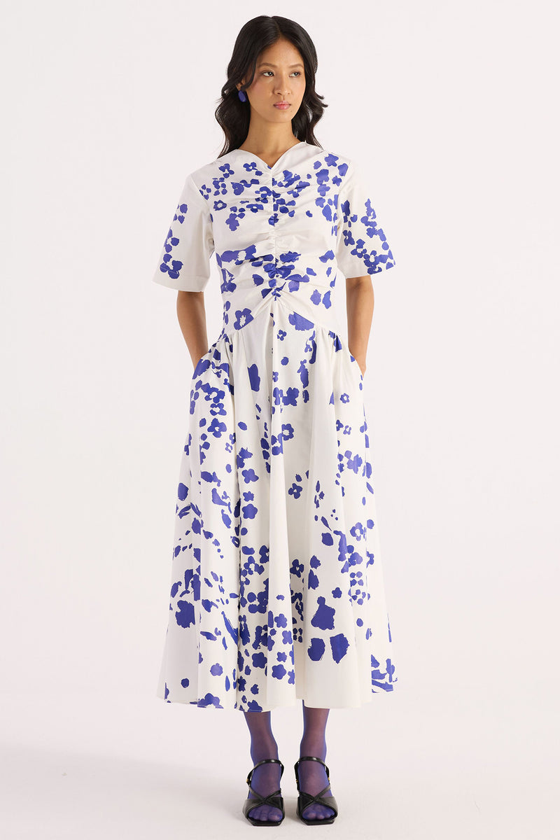 Ivory Gathered V-Neck Screen Print Dress