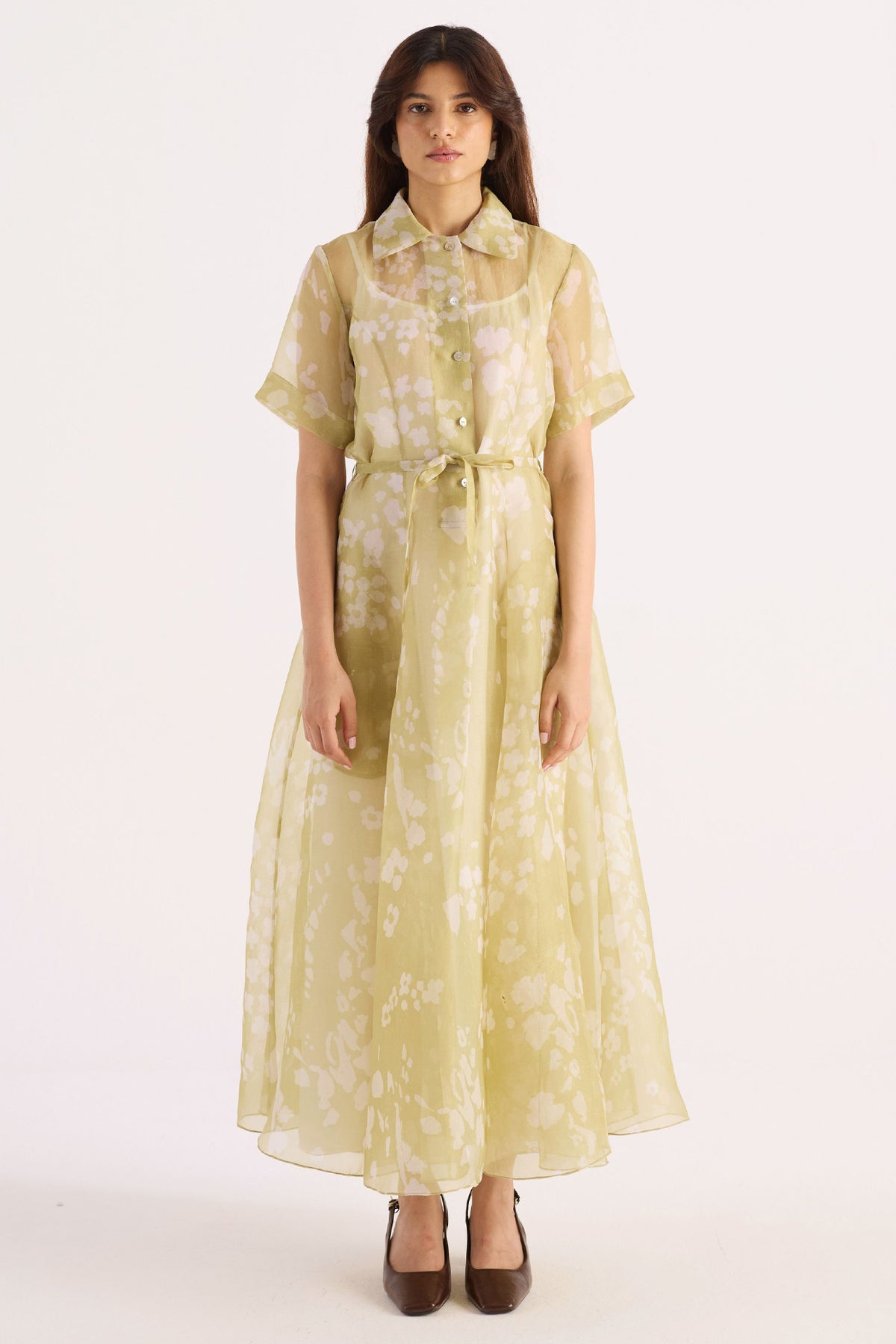 petal green printed silk organza shirt dress — image 1