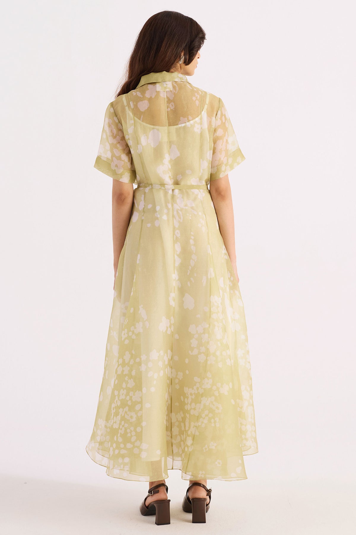petal green printed silk organza shirt dress — image 2