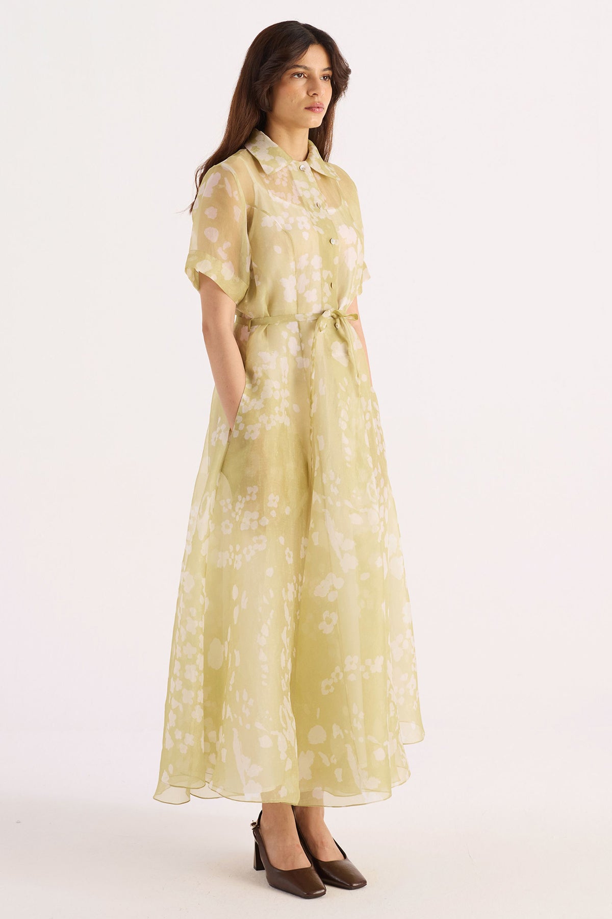 petal green printed silk organza shirt dress — image 3