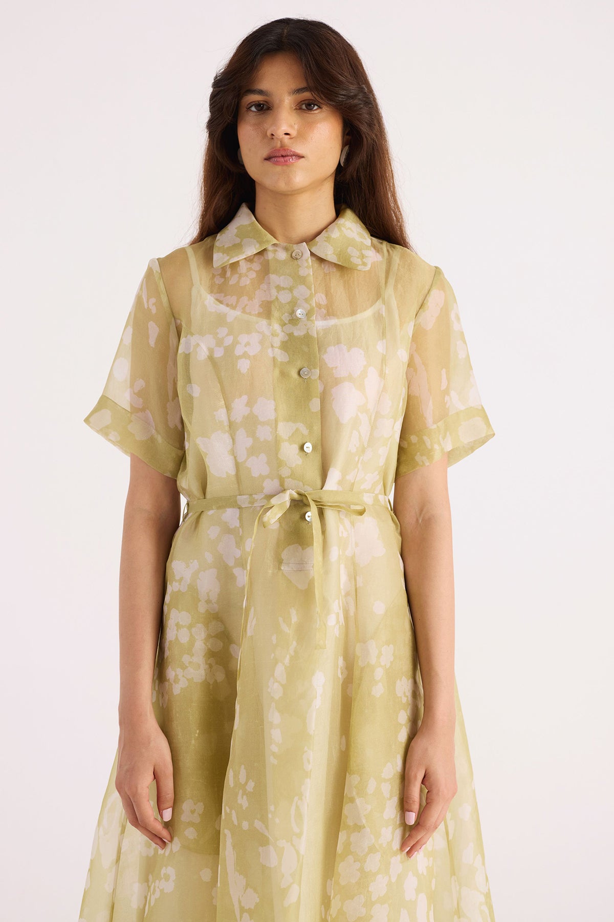 petal green printed silk organza shirt dress — image 4