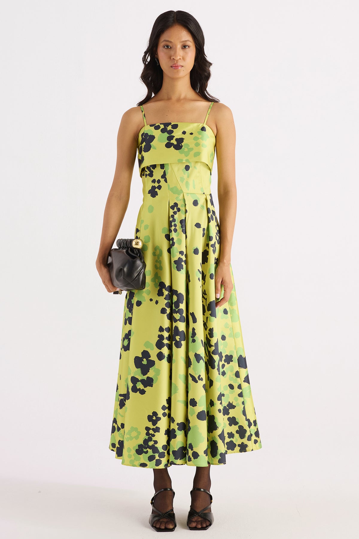 lime green printed layered strap dress — image 1