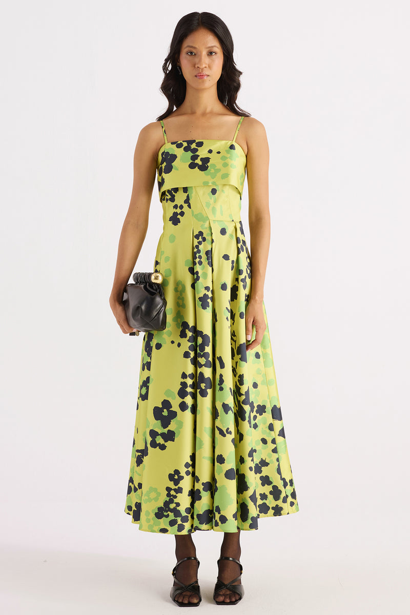 Lime Green Printed Layered Strap Dress