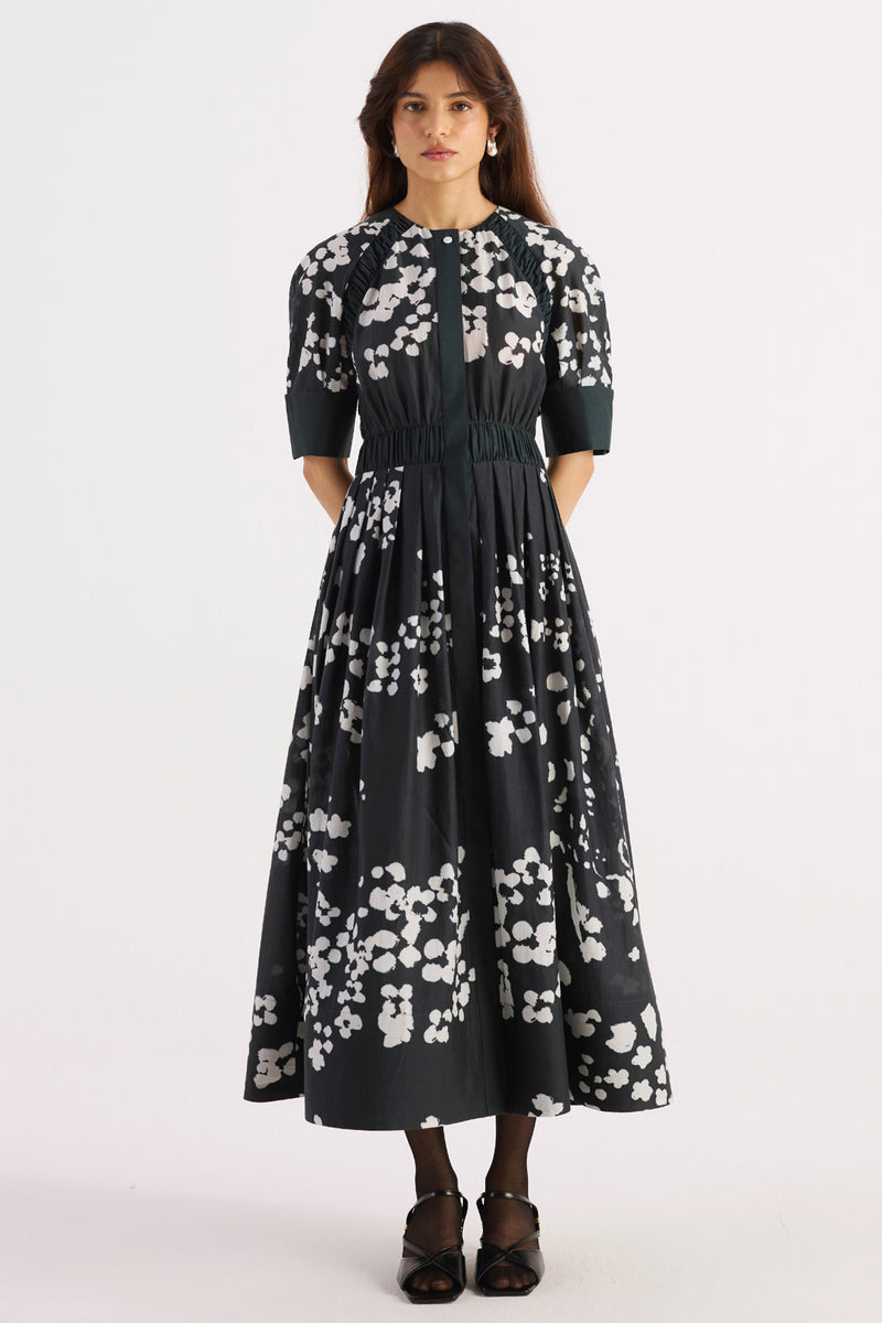 Charcoal Black Floral Print Ruched Waist Dress