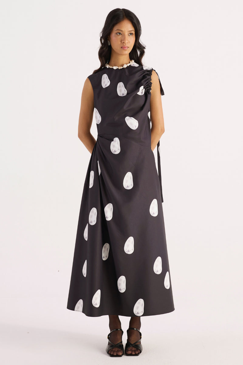 Charcoal Black Pearl Print One-Shoulder Dress
