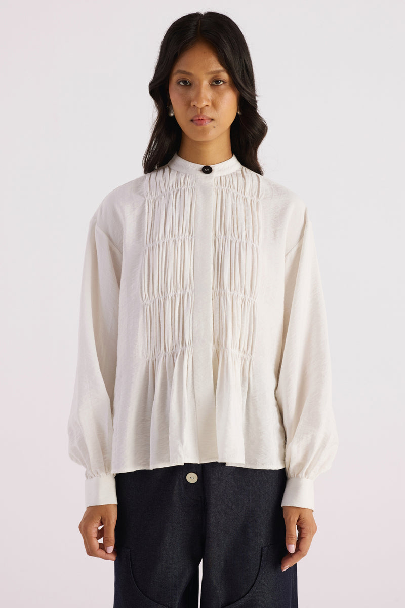 White Ruched Front Cotton Shirt