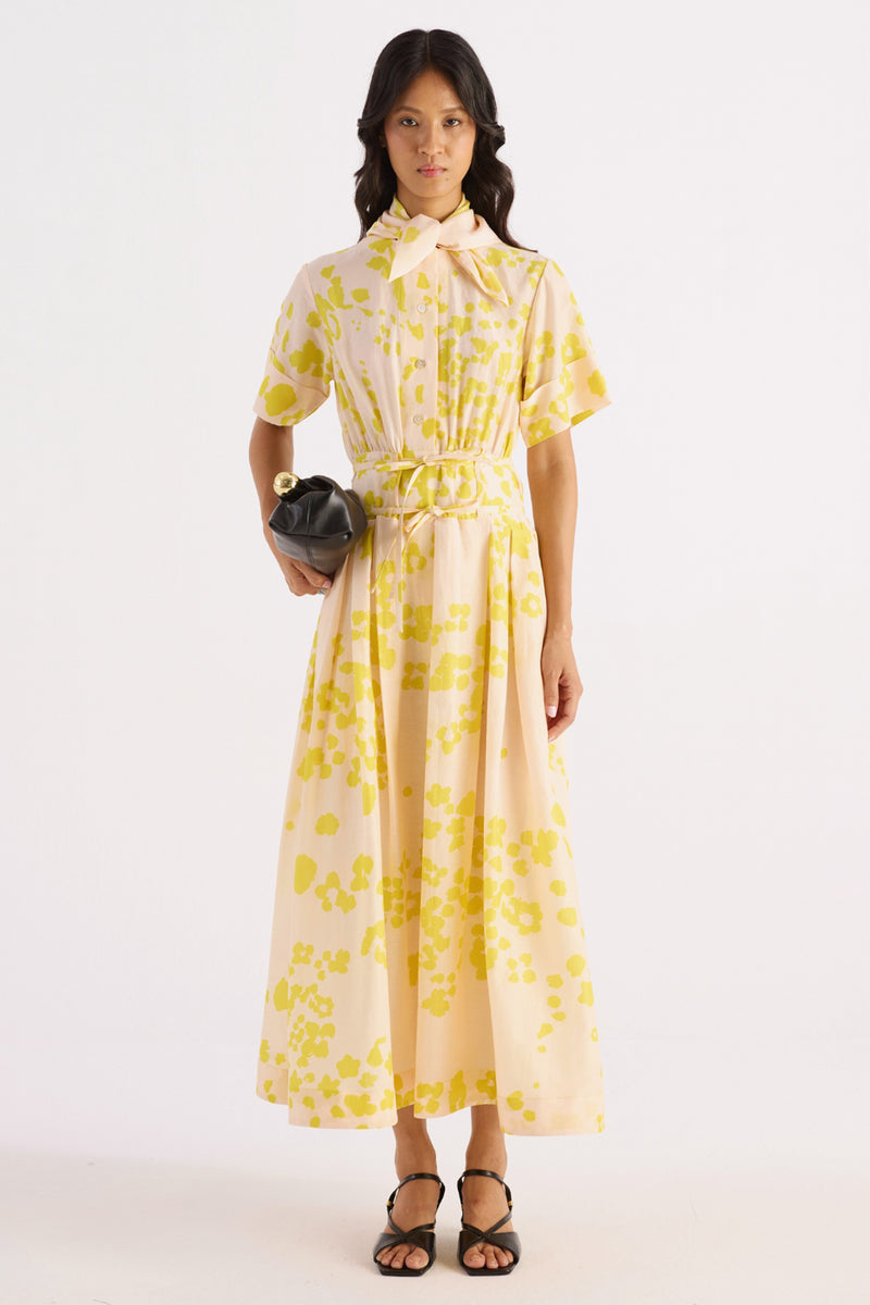 Cream & Yellow Floral Print Belted Dress