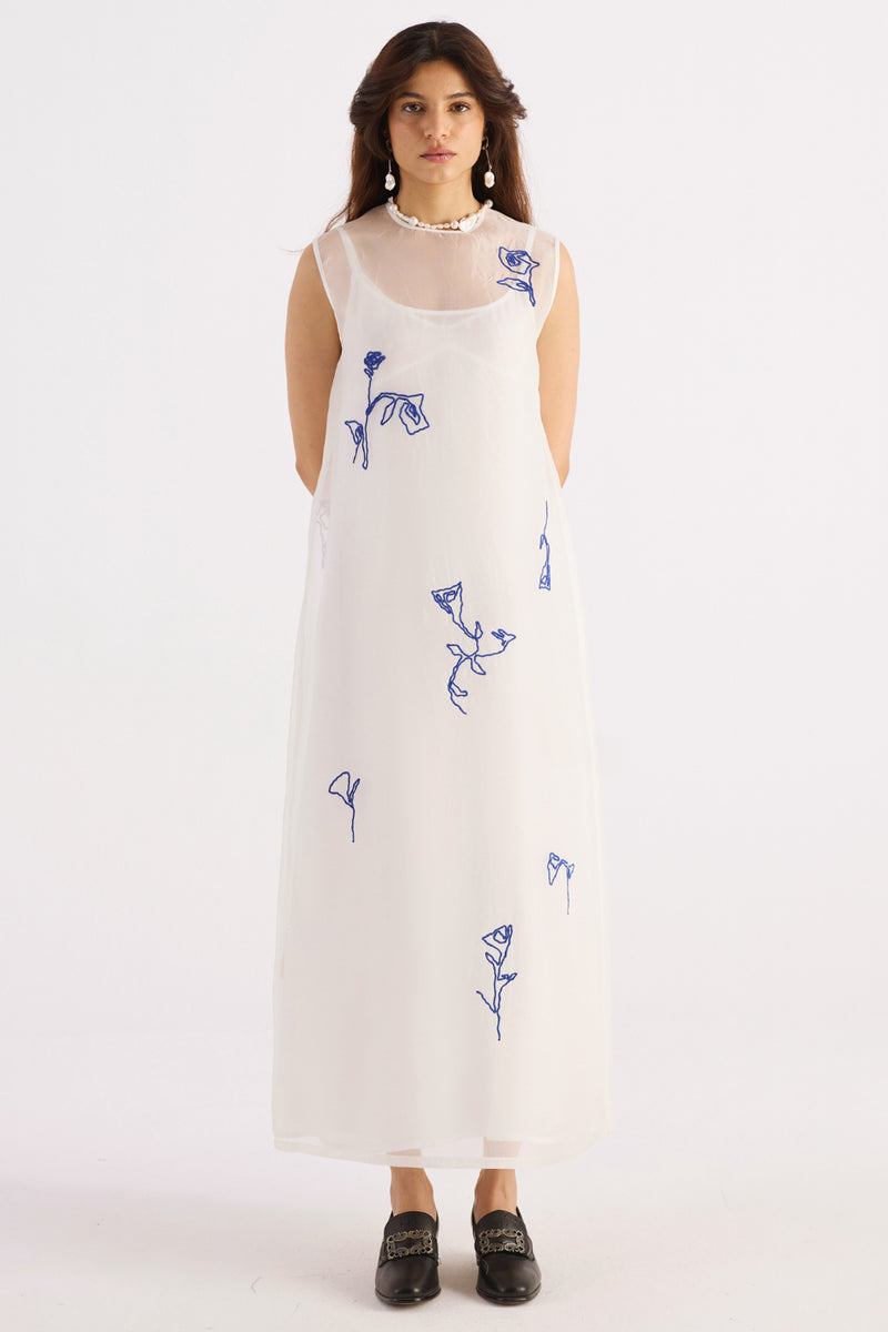 Pearl White Embroidered Silk Organza Dress