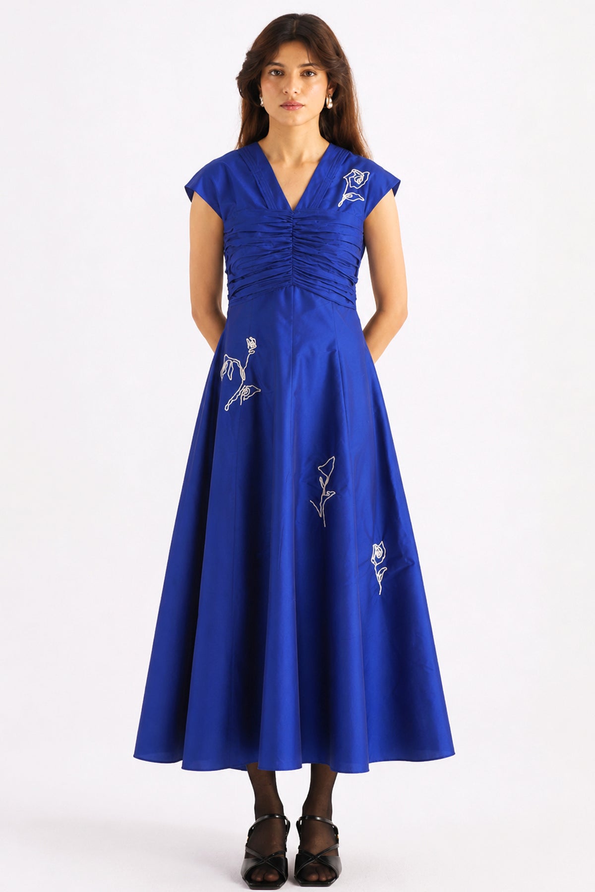 royal blue embroidered ruched v-neck dress — image 1