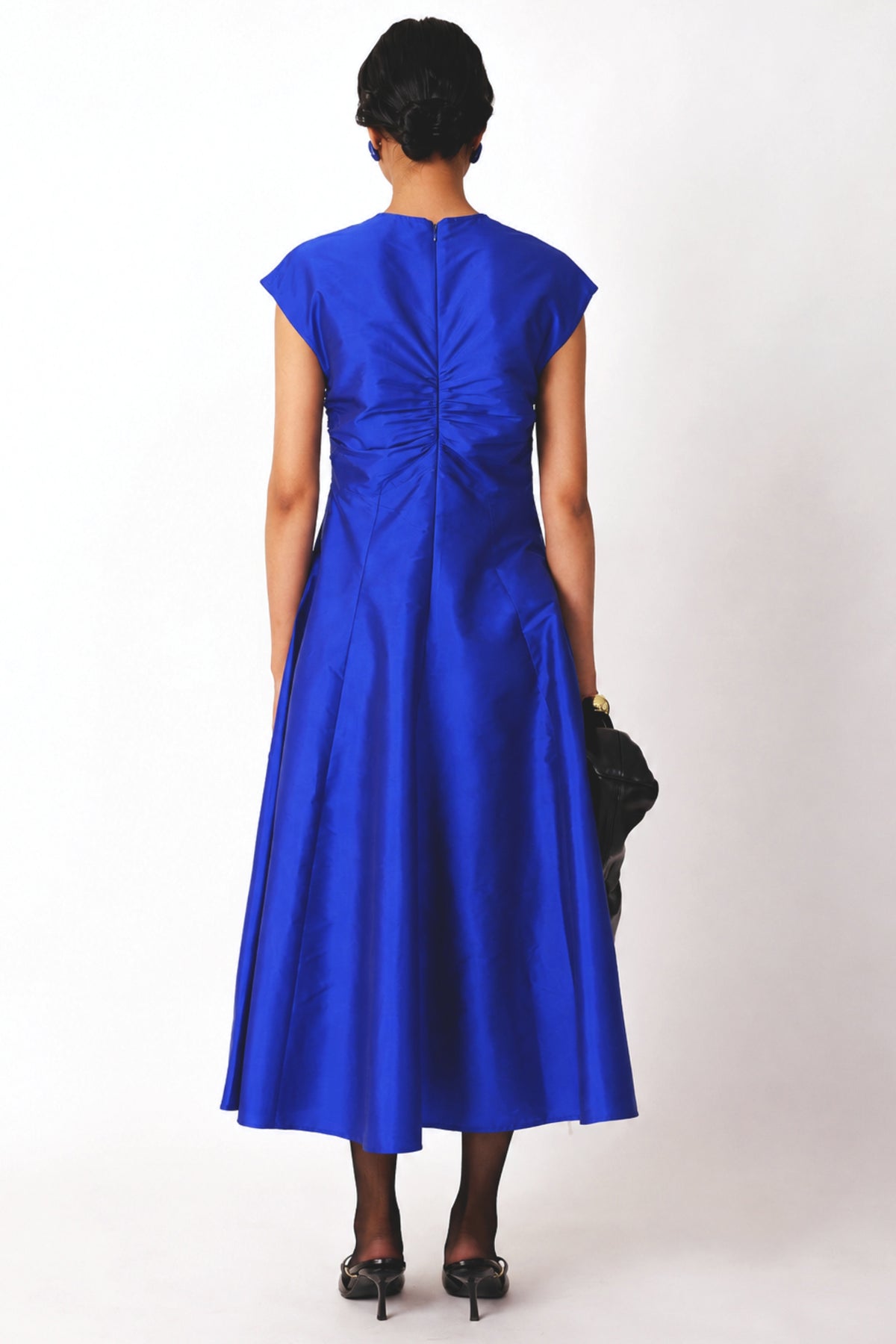 royal blue embroidered ruched v-neck dress — image 2