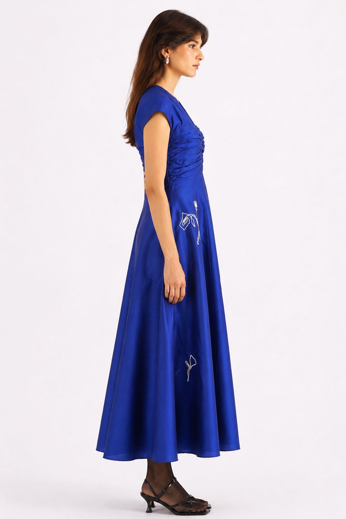 royal blue embroidered ruched v-neck dress — image 3