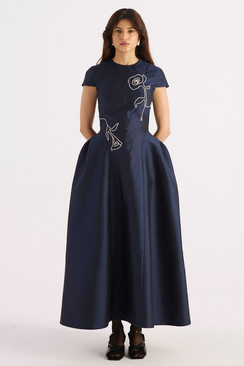 Navy Blue Embroidered Sculpted Taffeta Dress