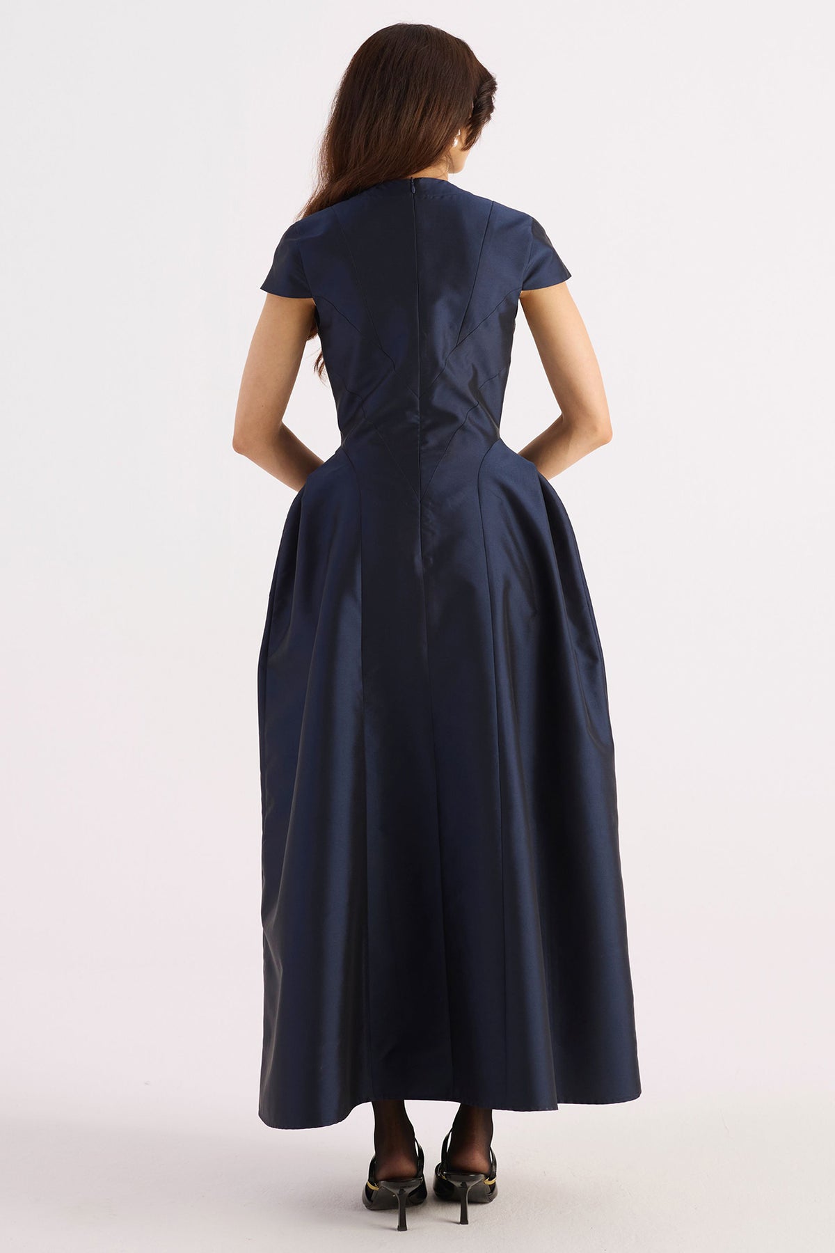 navy blue embroidered sculpted taffeta dress — image 2
