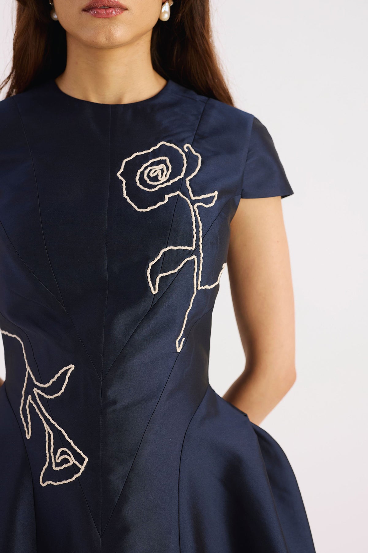 navy blue embroidered sculpted taffeta dress — image 4