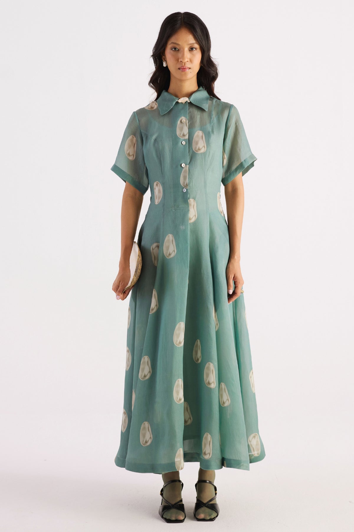 sea green pearl print organza shirt dress — image 1