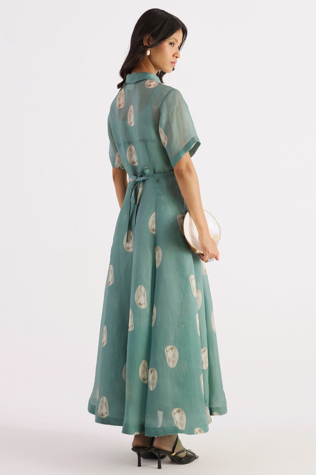 sea green pearl print organza shirt dress — image 2