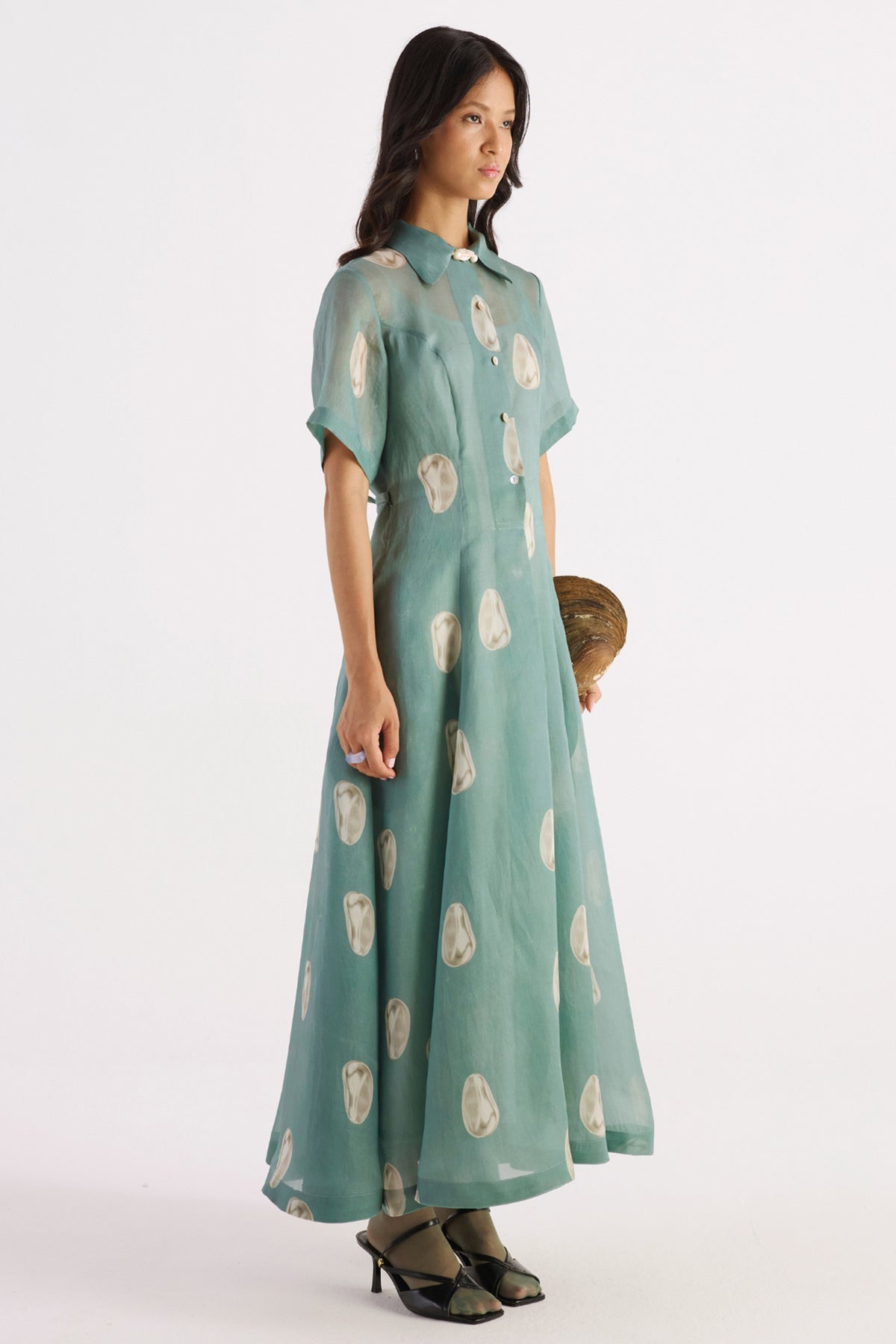 sea green pearl print organza shirt dress — image 3
