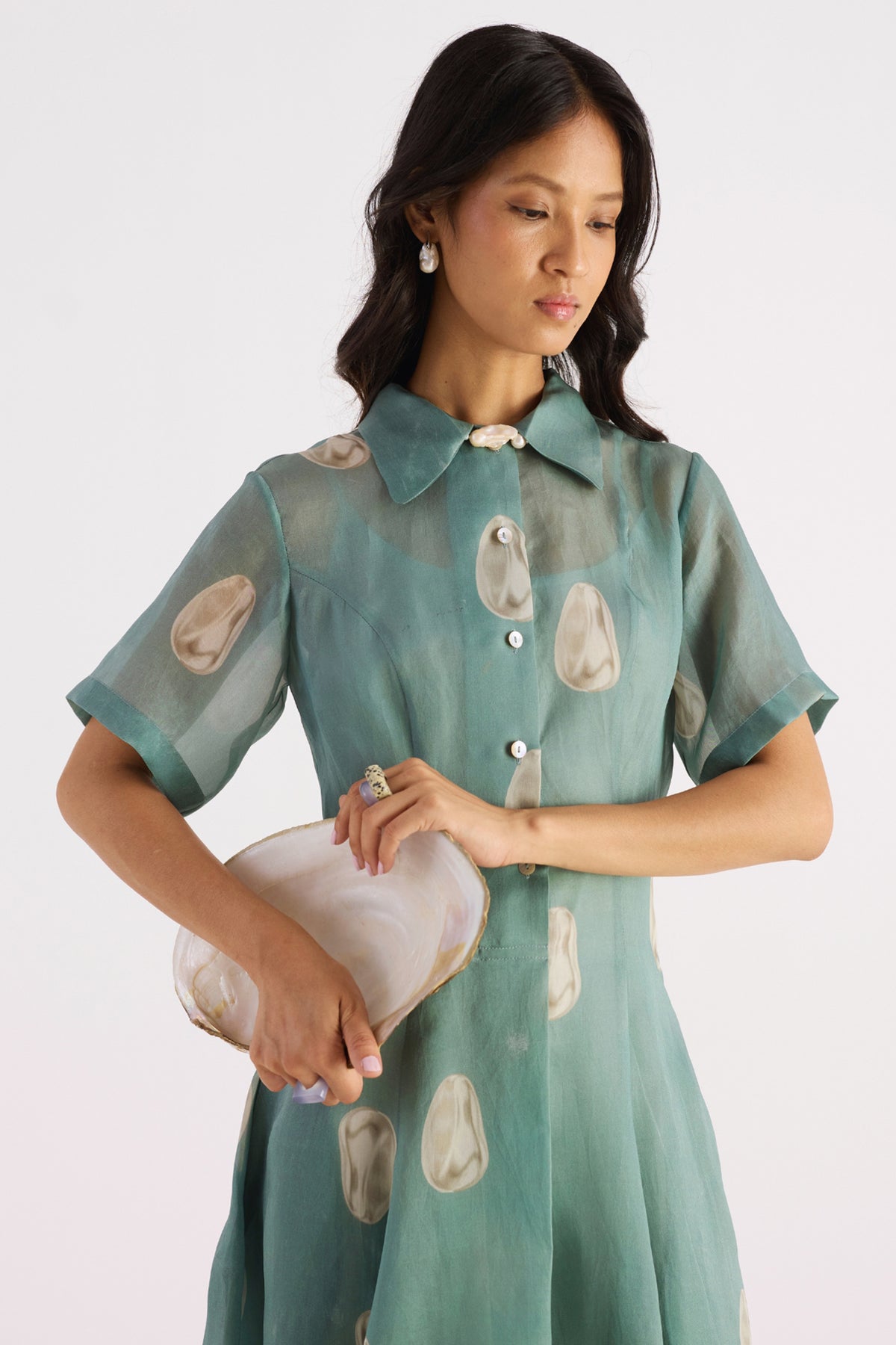 sea green pearl print organza shirt dress — image 4
