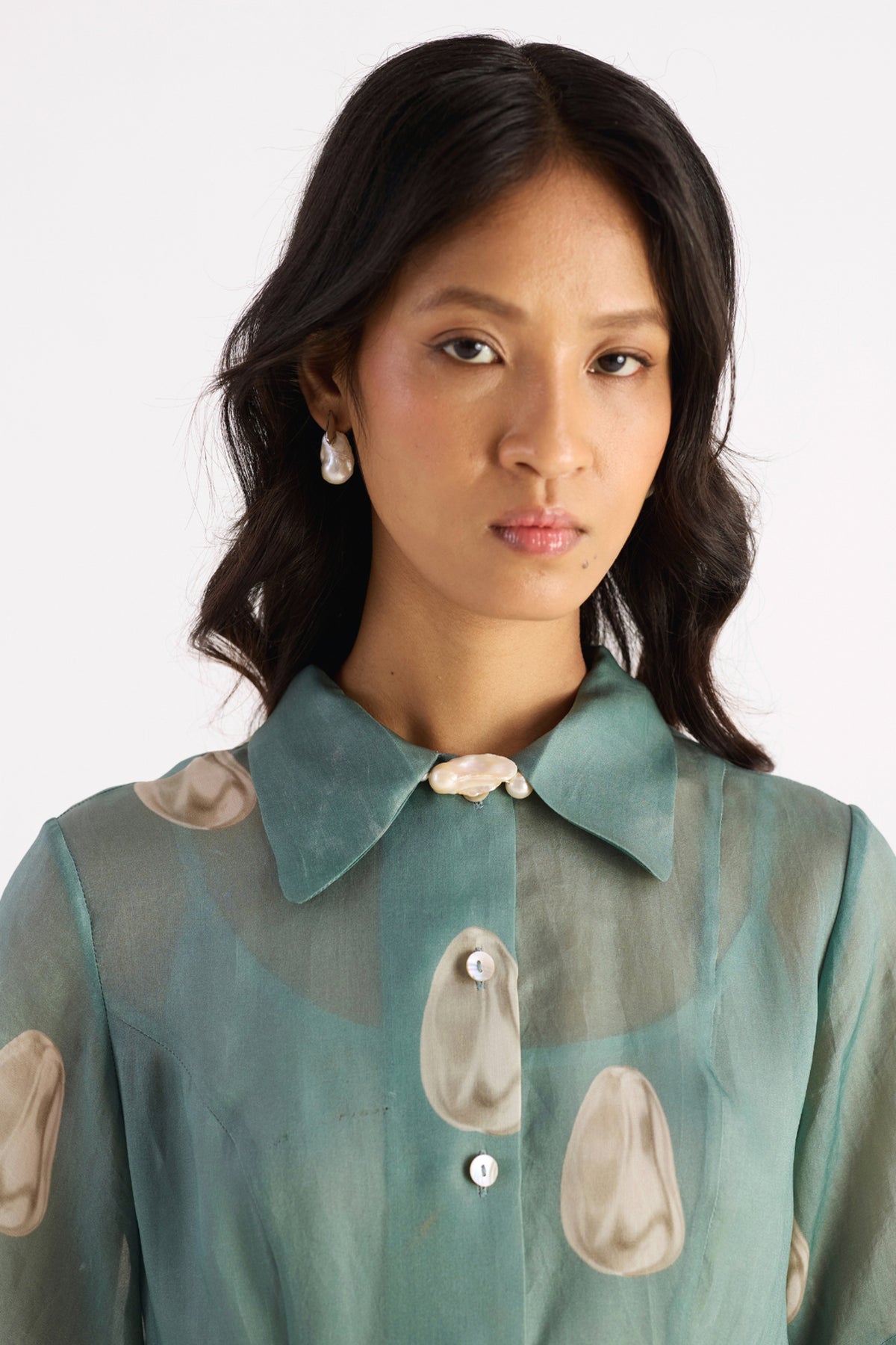 sea green pearl print organza shirt dress — image 5