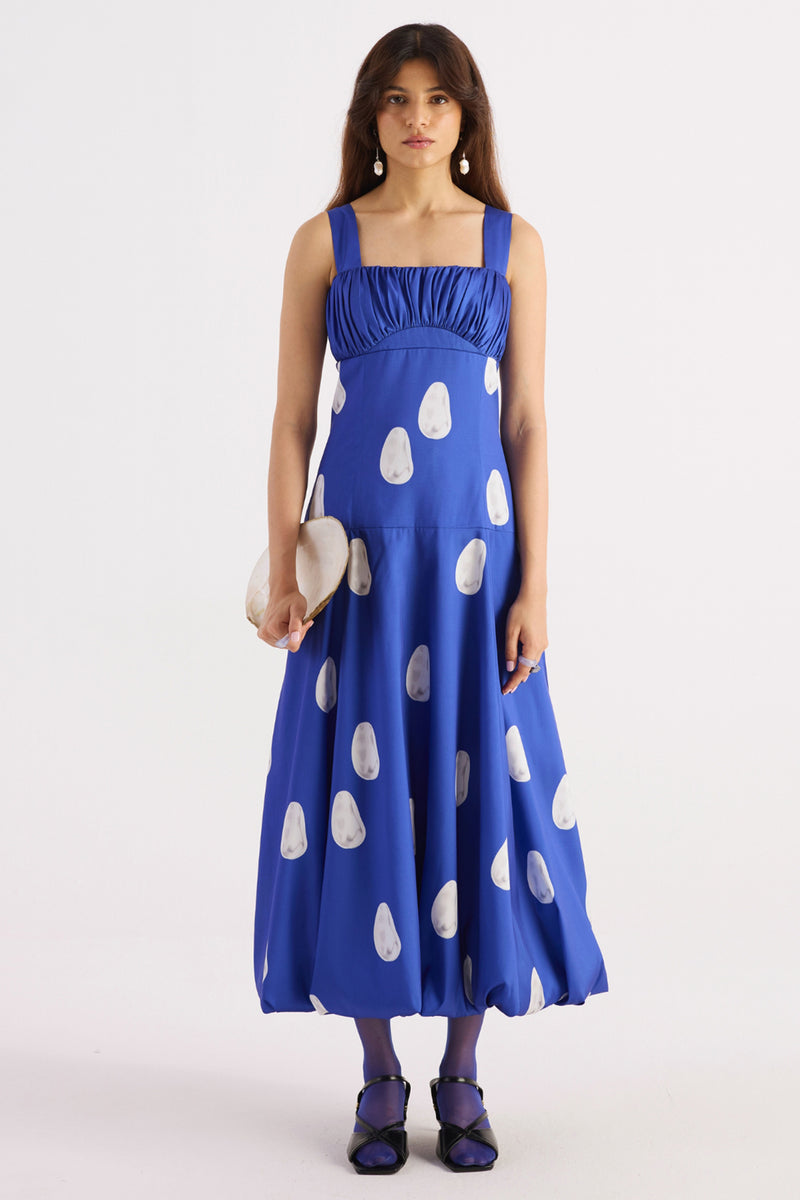 Royal Blue Pearl Print Balloon Hem Dress