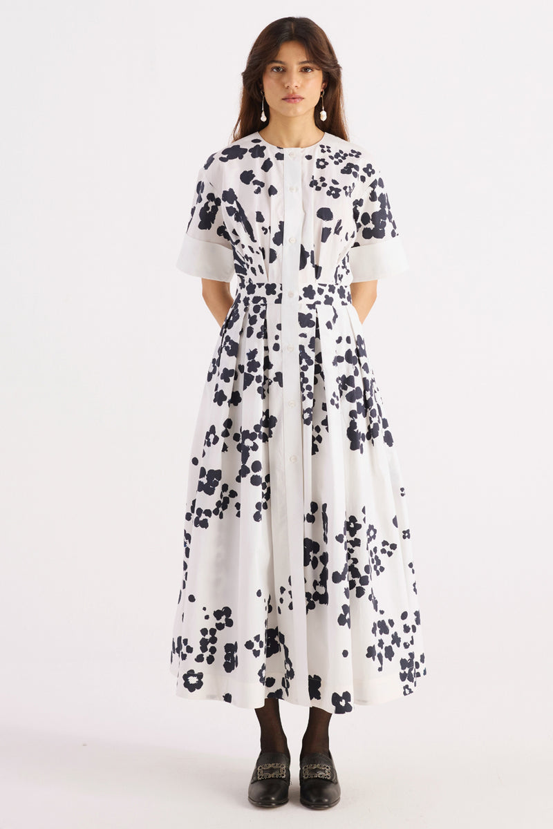 Black & White Floral Print Pleated Dress