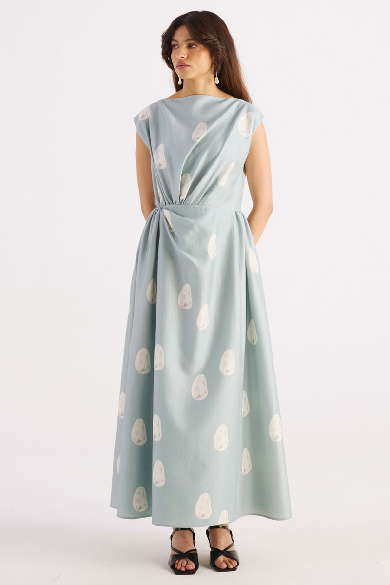 Sea Blue Pearl Print Asymmetrical Dress