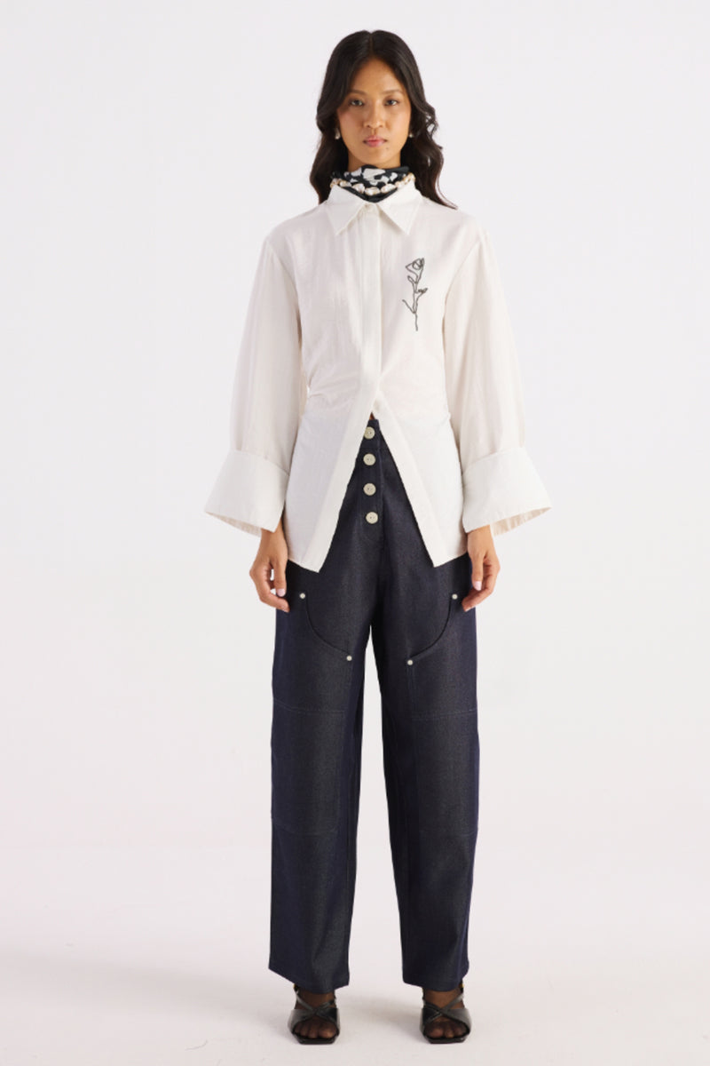 Charcoal Navy Shell Button Denim Trousers