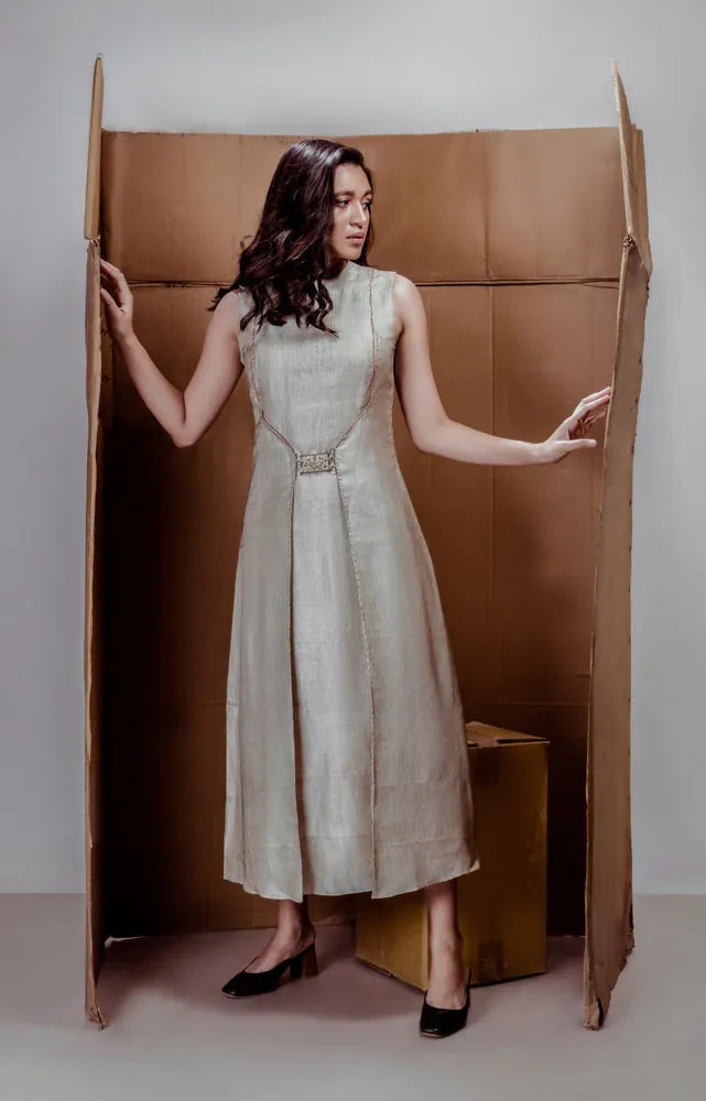 beige striped tussar silk dress, image 1