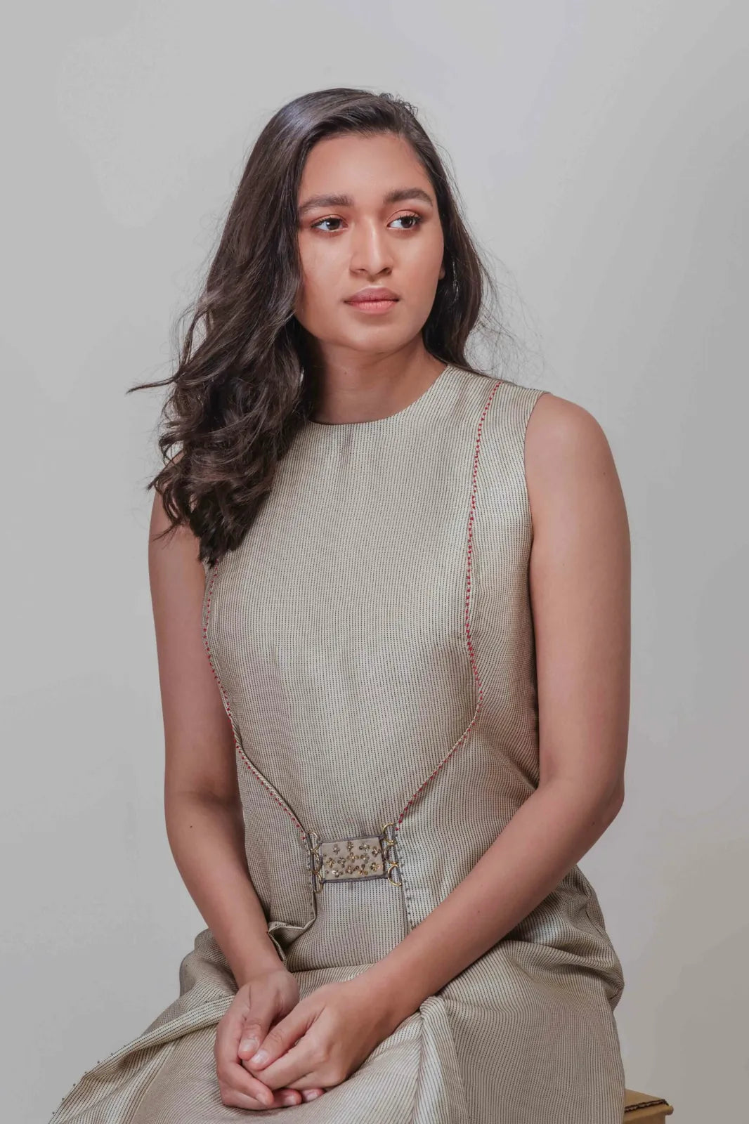 beige striped tussar silk dress, image 2