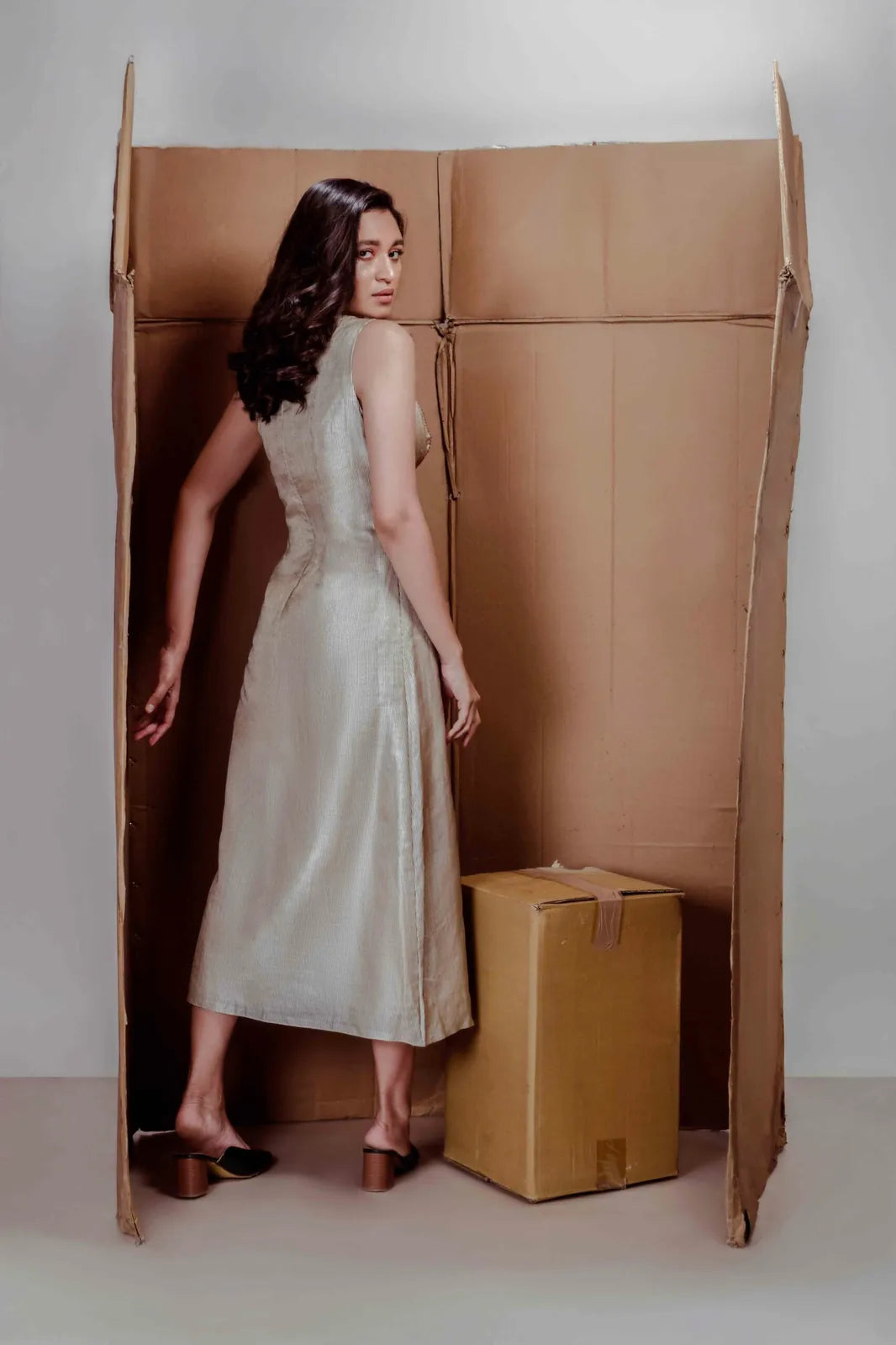 beige striped tussar silk dress, image 3