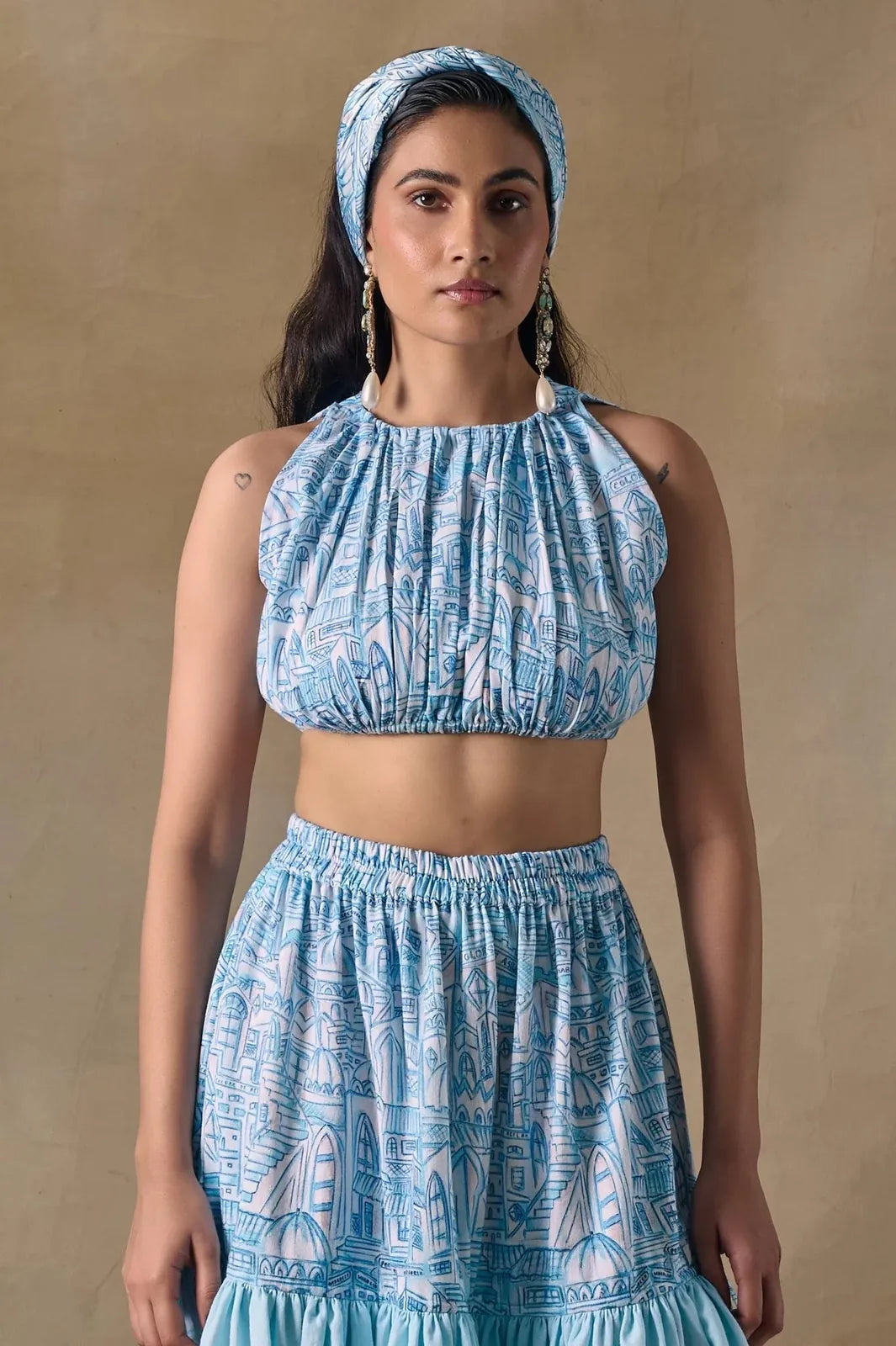 blue landscape gathered blouse, image 1